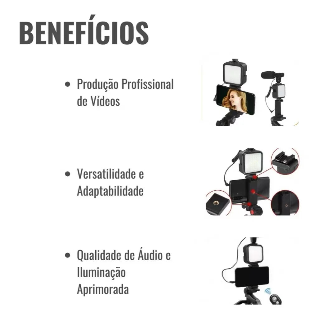 Vlog Kit – LED Light, Microphone &amp; Phone Tripod Set for Content Creation