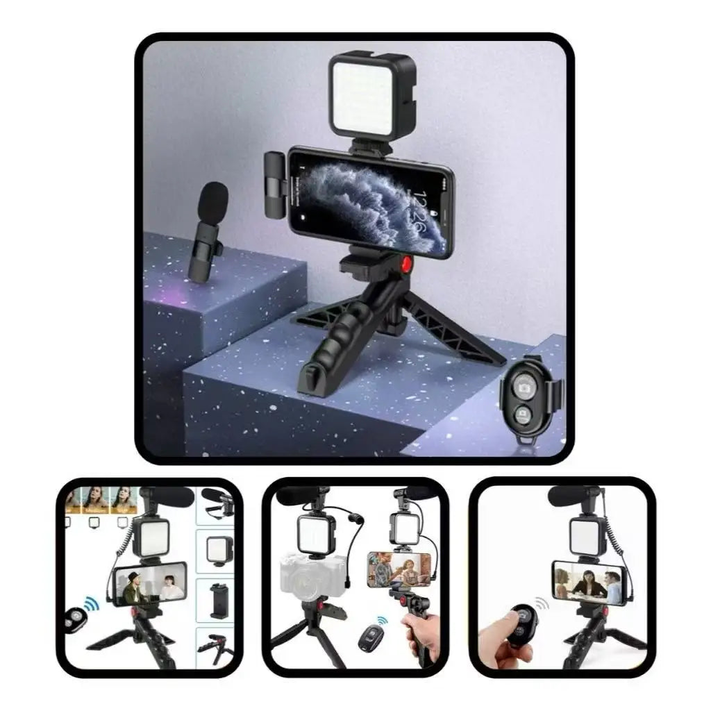 Vlog Kit – LED Light, Microphone &amp; Phone Tripod Set for Content Creation