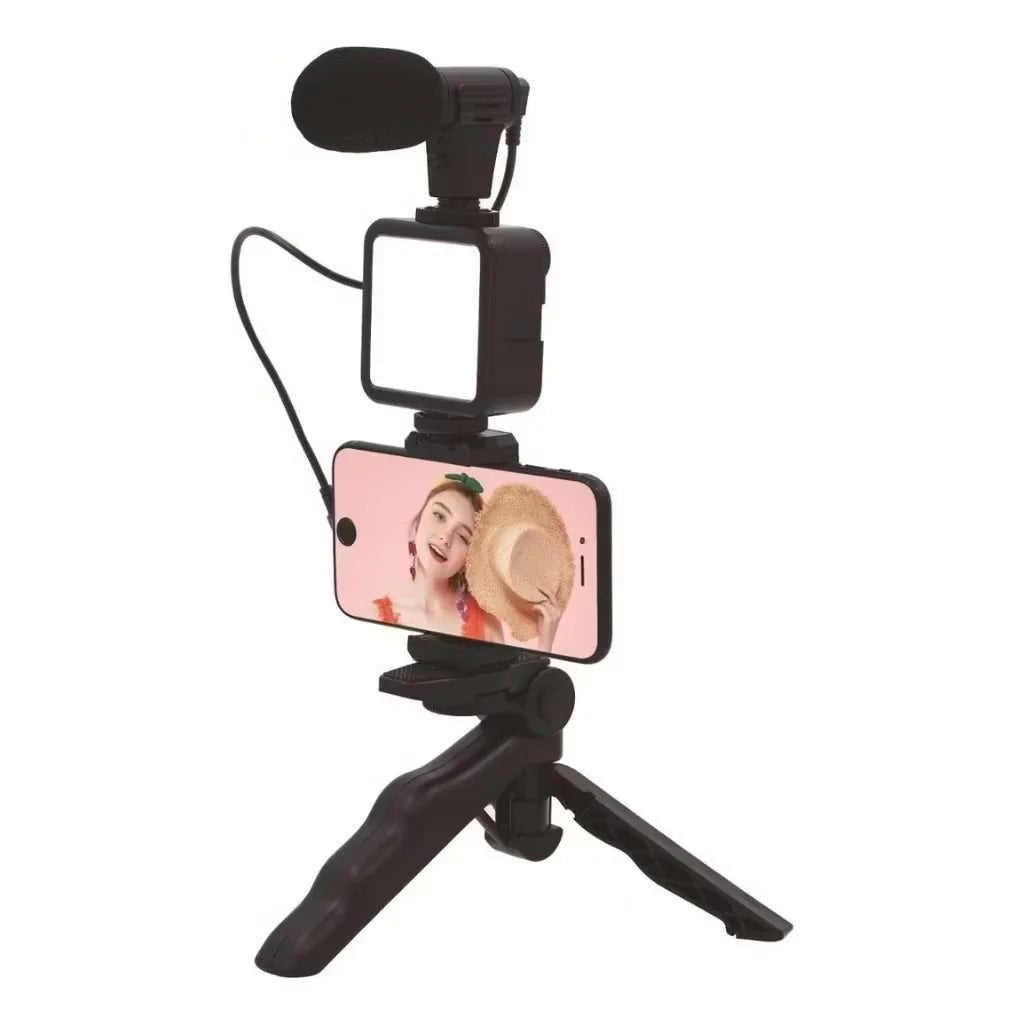 Vlog Kit – LED Light, Microphone &amp; Phone Tripod Set for Content Creation