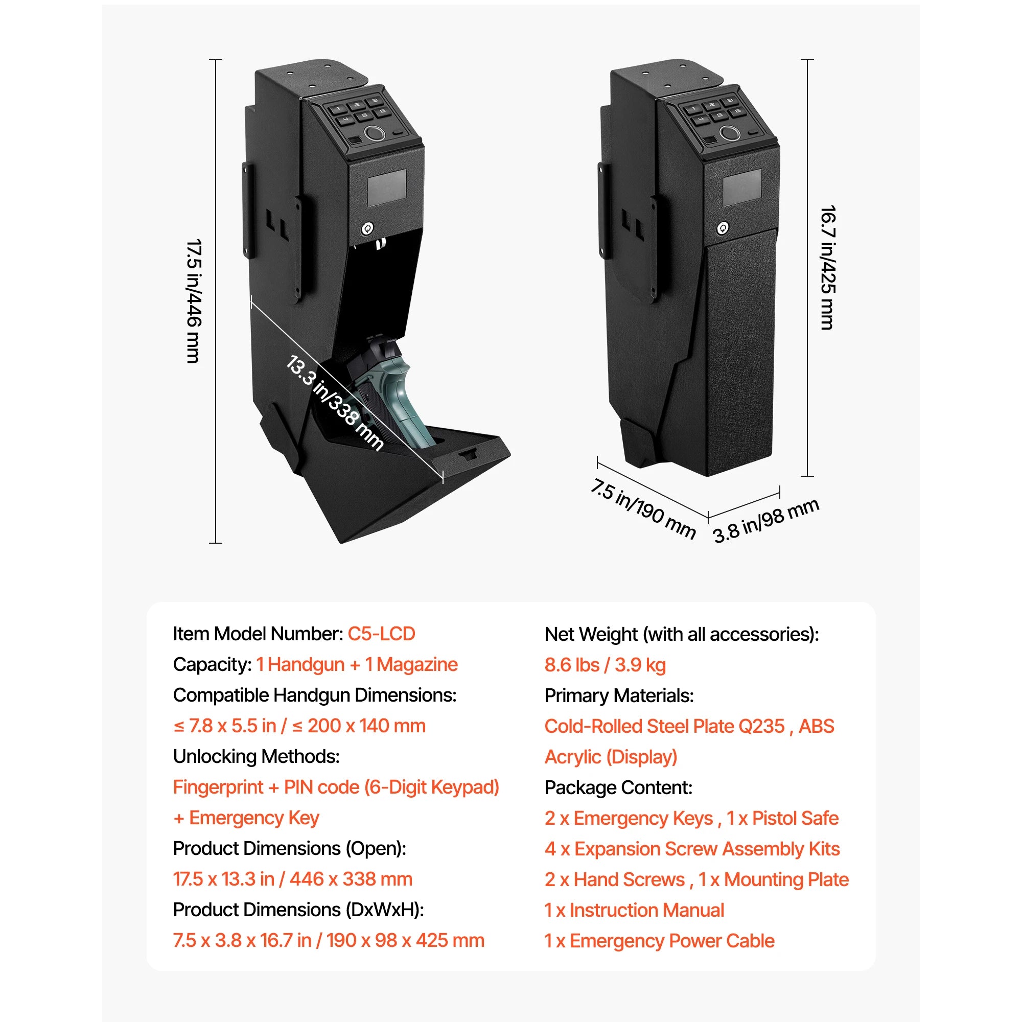 Smart Handgun Safe – Fingerprint, Password &amp; Key Quick Access Lock Box
