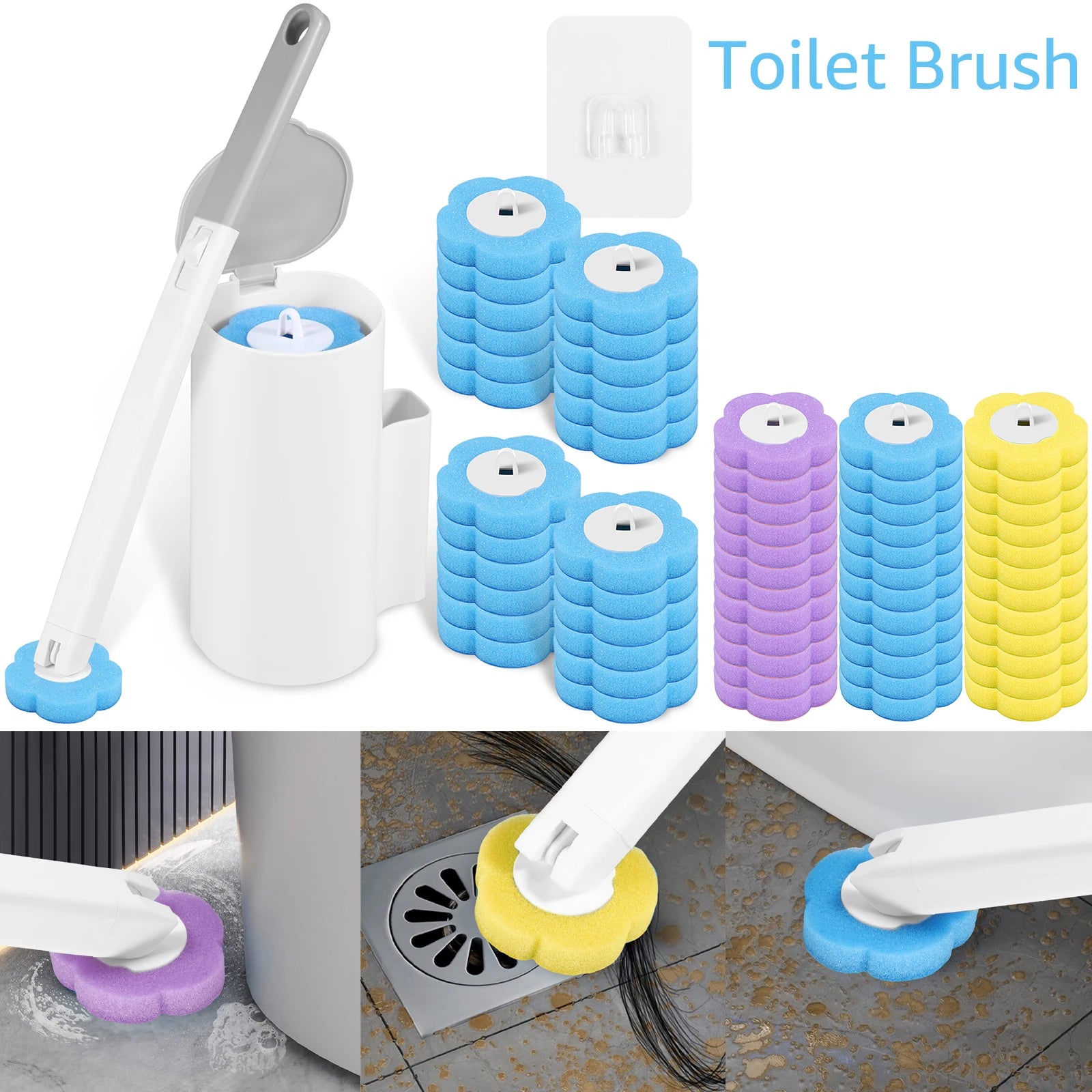 Disposable Toilet Brush Cleaning Kit – Wall-Mounted Toilet Bowl Brush with Long Handle &amp; 24 Replacement Heads